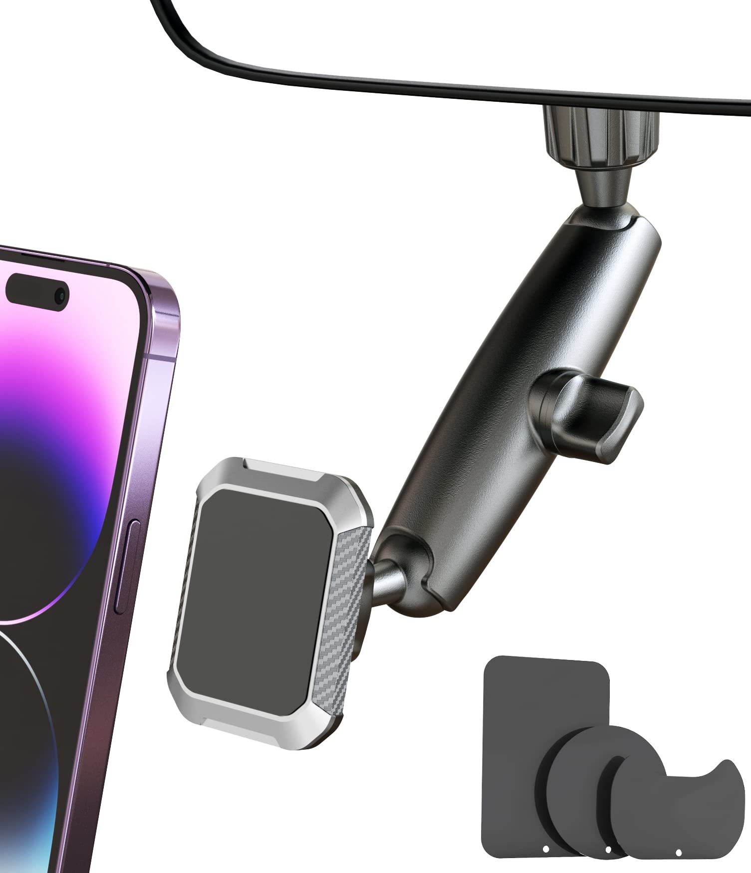 APPS2Car Magnetic Phone Car Mount Rear View Mirror Phone Holder for Car Long Arm Low Profile Strong Magnets Adjustable Angles & Heights for All Cell Phones, iPhone Fits 16-22mm Round Mirror Neck