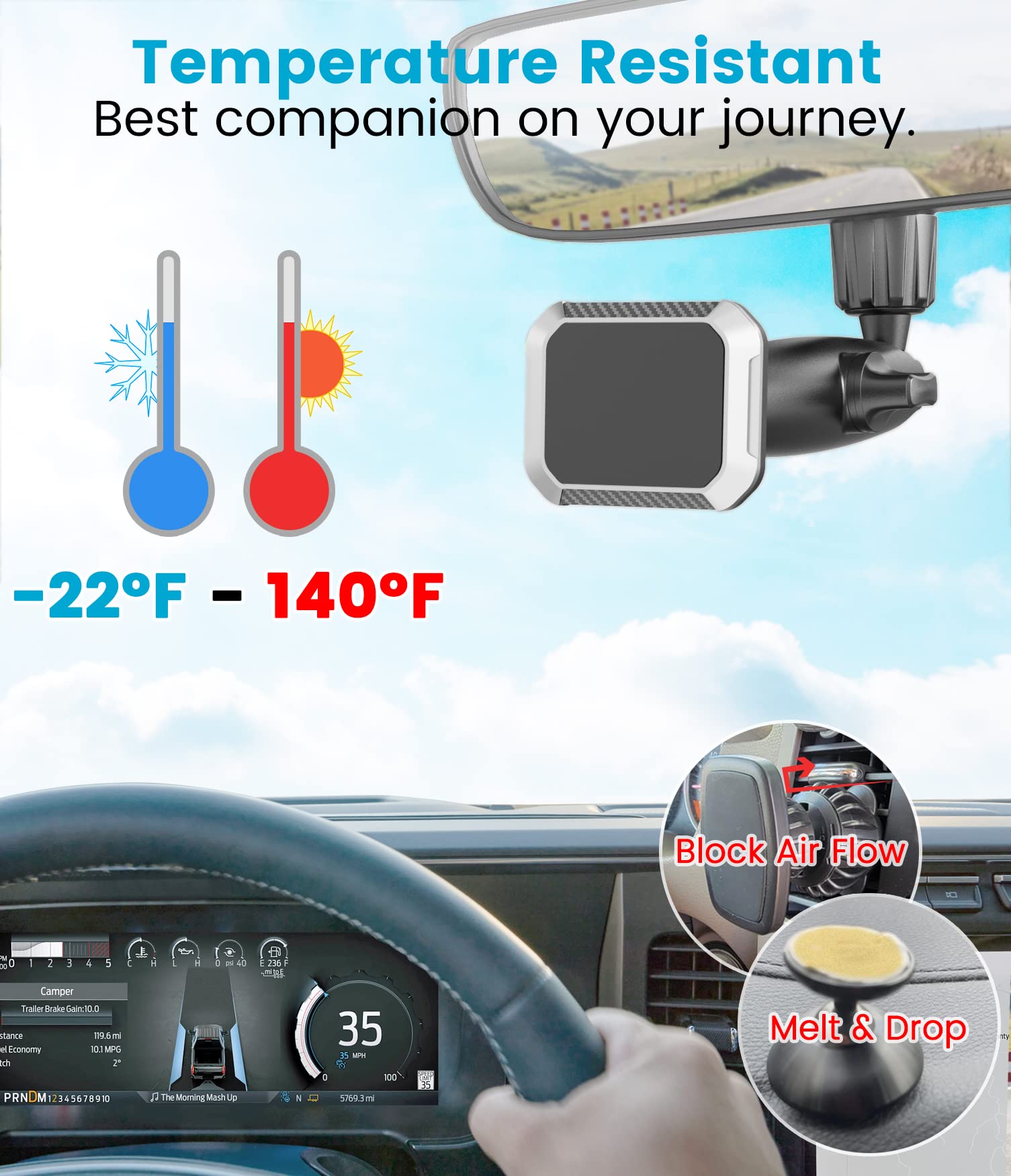 APPS2Car Magnetic Phone Car Mount Rear View Mirror Phone Holder for Car Long Arm Low Profile Strong Magnets Adjustable Angles & Heights for All Cell Phones, iPhone Fits 16-22mm Round Mirror Neck