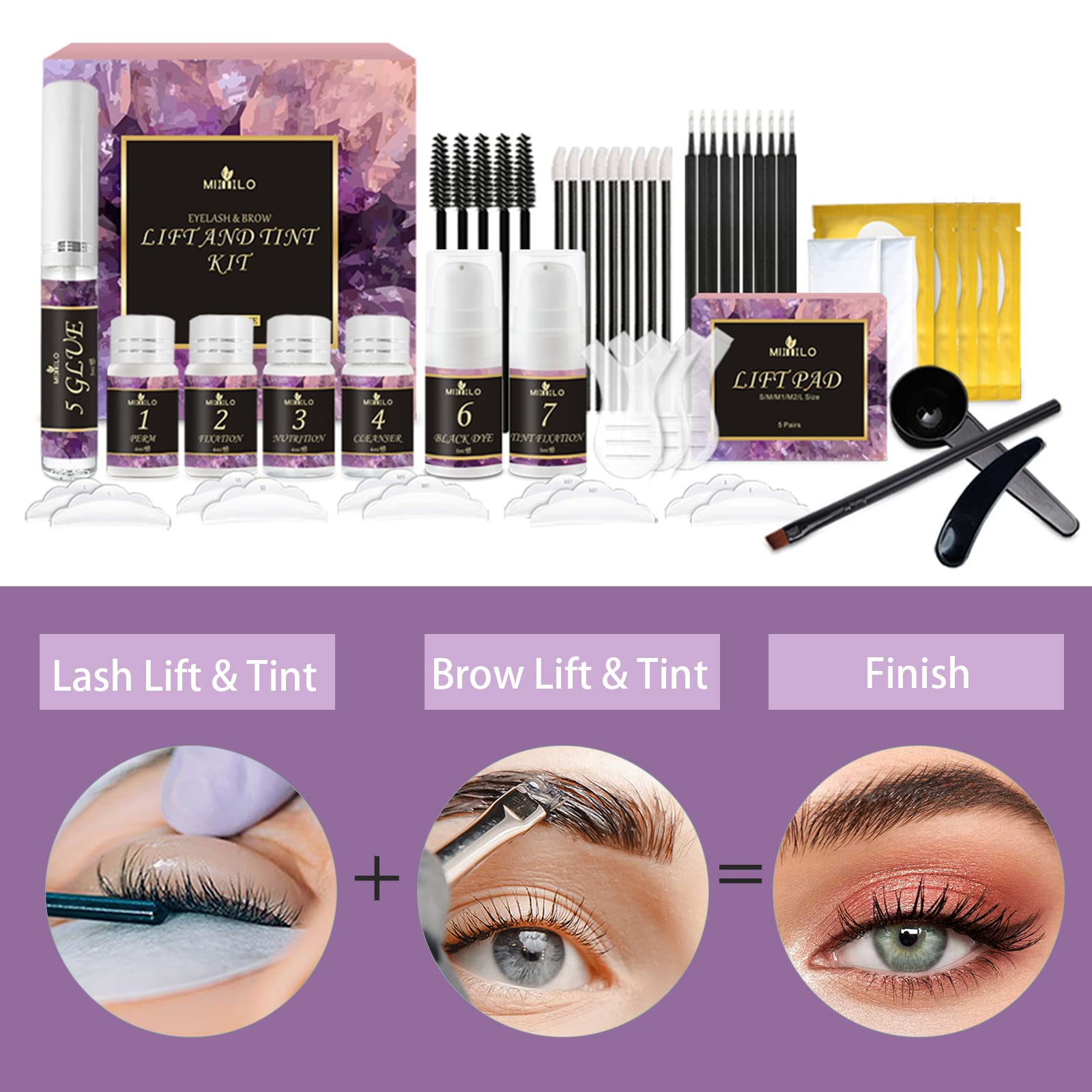 4 in 1 Lash & Brow Lift and Black Color Kit, Eyelash Perm Kit & Brow Lamination Kit, Professional Last 8 Weeks DIY Perming Wave Effect | Tools Included, Perfect for Salon & Home Use (Black)