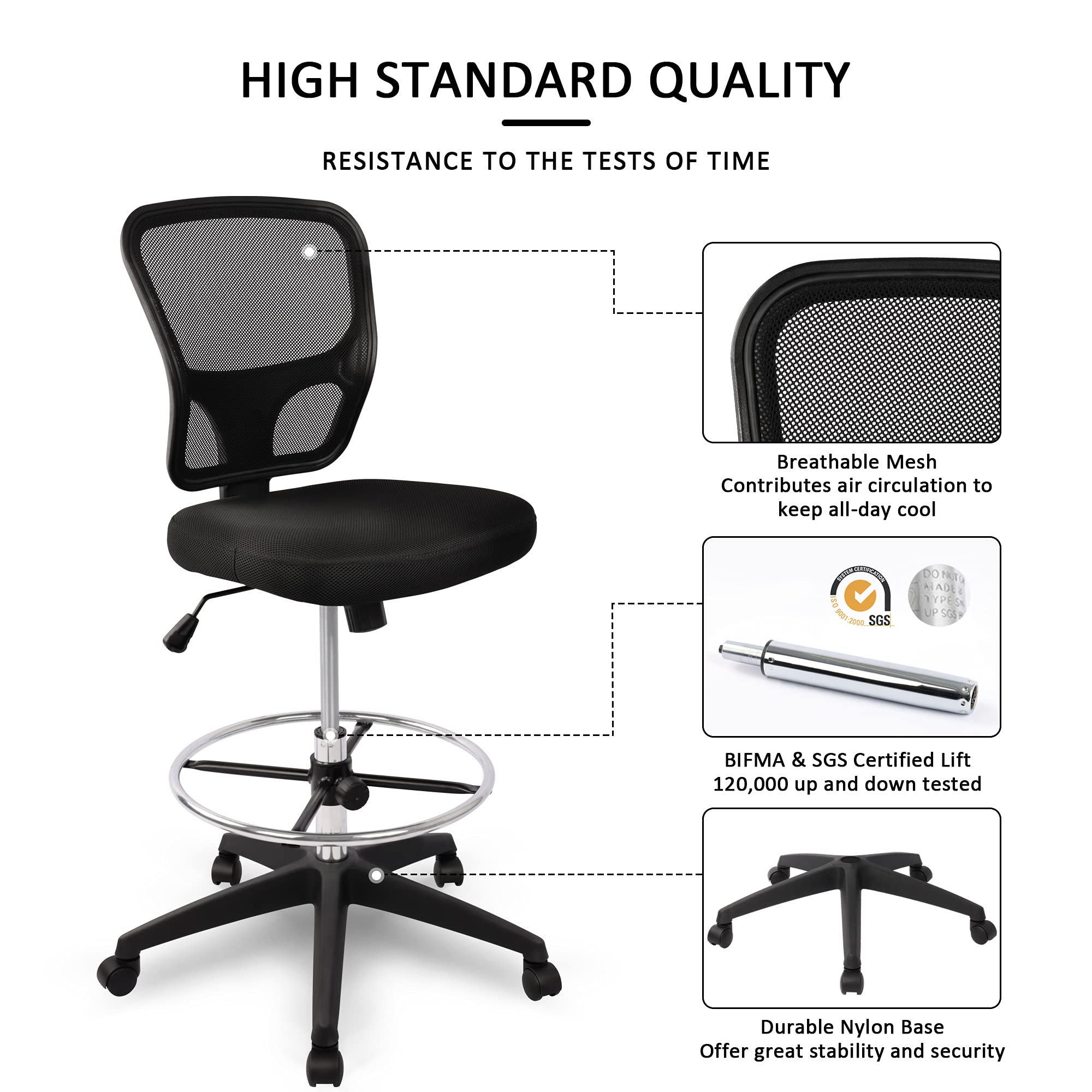 HYLONE Ergonomic Office Chairs, Office Drafting Chair, Rolling Stool Chair Armless Standing Desk Chair with Footrest Bar Stools for Home,Office & Bar