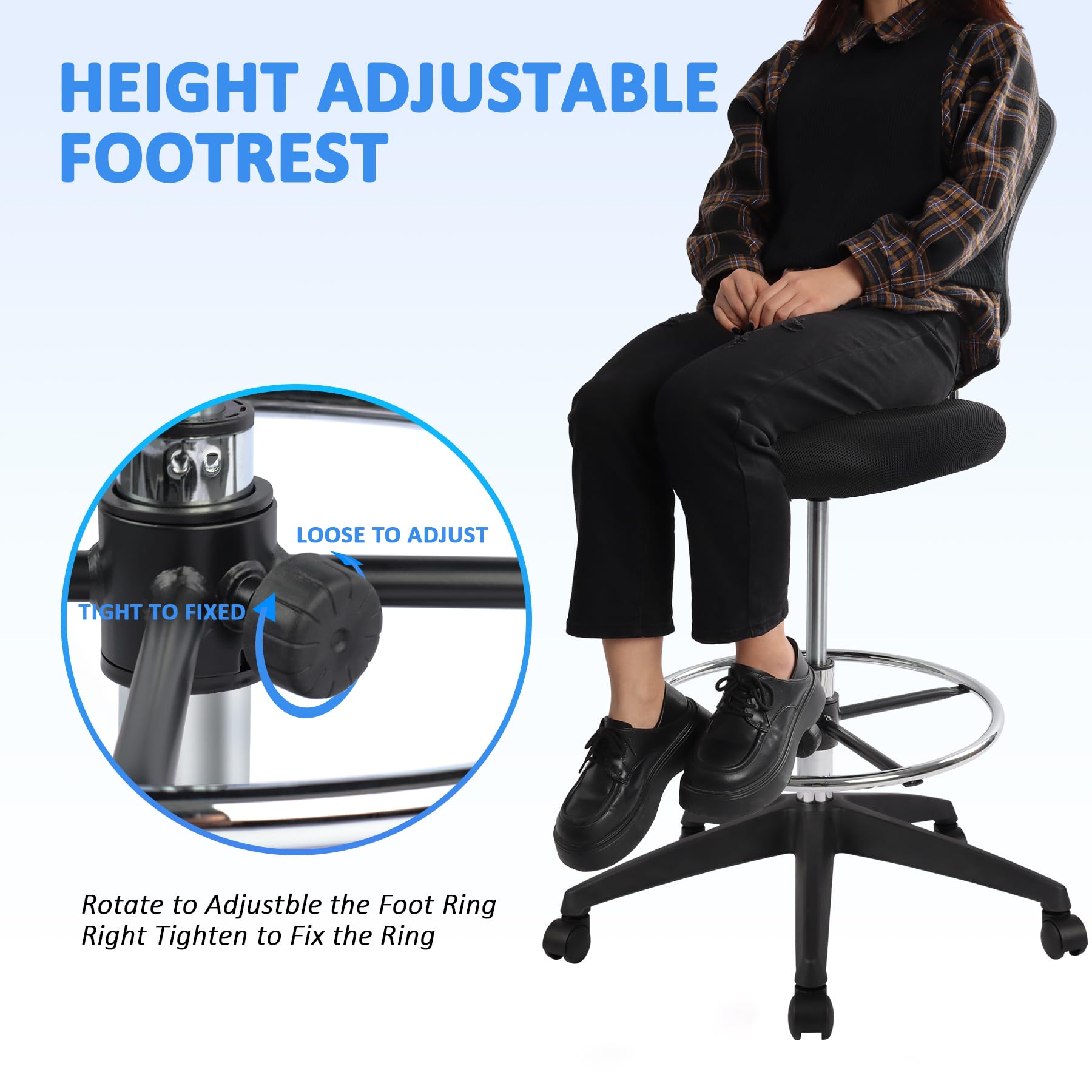 HYLONE Ergonomic Office Chairs, Office Drafting Chair, Rolling Stool Chair Armless Standing Desk Chair with Footrest Bar Stools for Home,Office & Bar