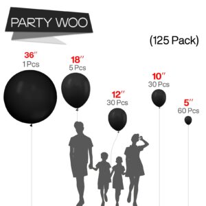 PartyWoo Black Balloons, 125 pcs Black Balloons Different Sizes Pack of 36 Inch 18 Inch 12 Inch 10 Inch 5 Inch for Balloon Garland Arch as Birthday Decorations, Party Decorations, Wedding Decorations