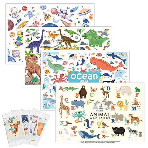 Disposable Placemats for Baby & Toddlers, Disposable Baby Placemats for Restaurants, Travel, Disposable Stick on Placemats with 4 Designs, Disposable Table Mats for Kids (Individual Package)