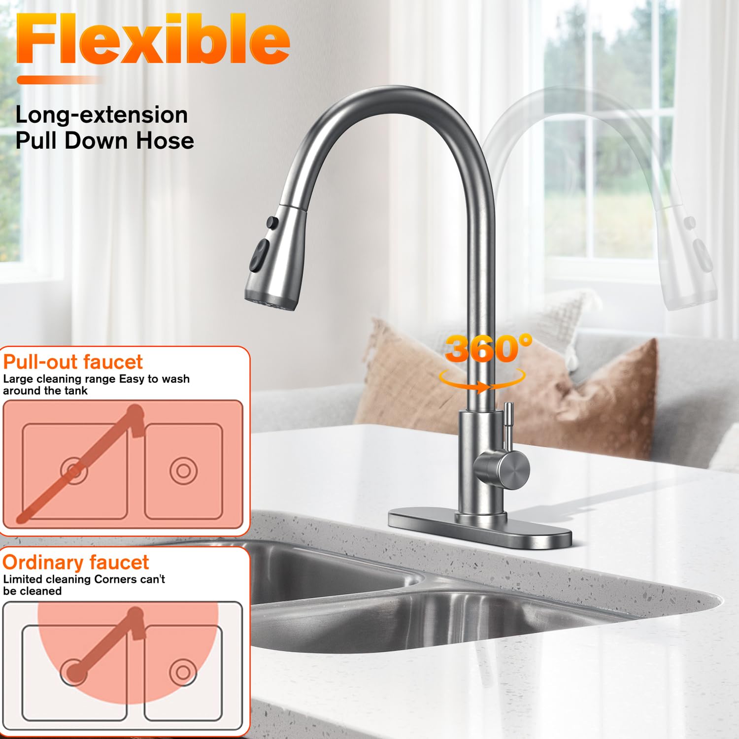 Susbie Kitchen Faucets with Pull Down Sprayer,Kitchen Faucet,Single Handle Kitchen Sink Faucet with Pull Out Sprayer,Single Level Stainless Stee