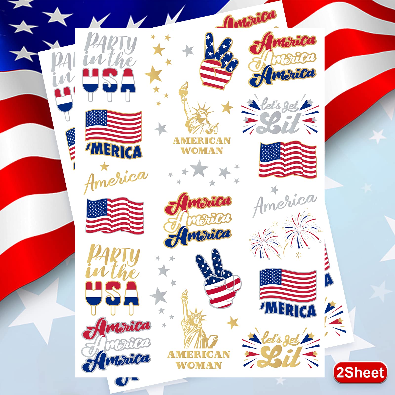 AOYOO Fourth of July Decorations Temporary Tattoos 34 Style America Giltter Tattoos, Red White and Blue Party Supplies, 4th of July Accessories, USA Flag, Memorial Day, Independence Day, Labor Day