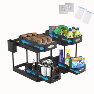 dynoar 2 pack double sliding under sink organizers and storage, 2-tier pull-out organizers for kitchen bathroom, under sink organizers with dividers hanging cups hooks