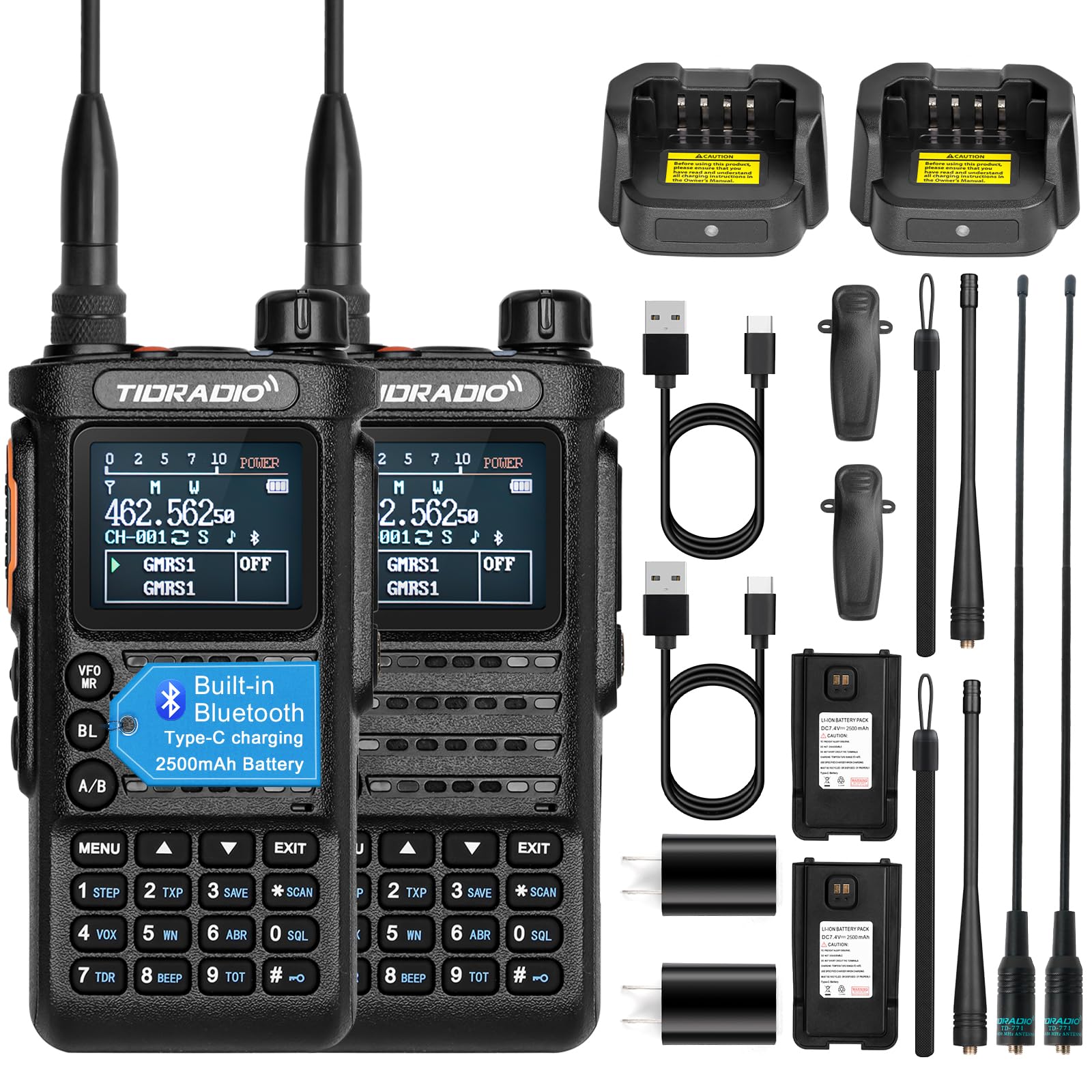 (2nd Gen) TIDRADIO H8 GMRS Handheld Radio with Bluetooth Programming, Repeater Capable, NOAA Weather, Dual Band Long Range Two Way Radios, Walkie Talkies with 2500mAh Rechargeable Battery-2Pack