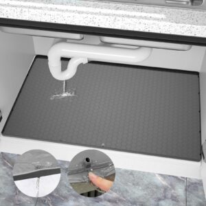 ueakpic under sink mat 34" x 22", waterproof silicone undersink mat for kitchen, bathroom, cabinet protector fits 36'' standard cabinets, under sink tray liner up to 2.2 gallons liquid (gray)