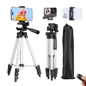 phone tripod, lusweimi 44-inch iphone tripod with phone holder mount/wireless remote for cell phone/camera/webcam/gopro, tabletop lightweight tripod for ios/android/smartphone