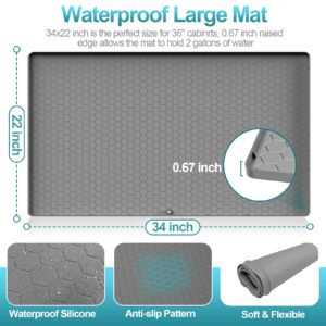 UEAKPIC Under Sink Mat 34" x 22", Waterproof Silicone Undersink Mat for Kitchen, Bathroom, Cabinet Protector Fits 36'' Standard Cabinets, Under Sink Tray Liner Up to 2.2 Gallons Liquid (Gray)