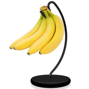 niceyos banana holder stand - newest patented modern banana hanger with wood base stainless steel banana tree hook rack for kitchen countertop (full black)