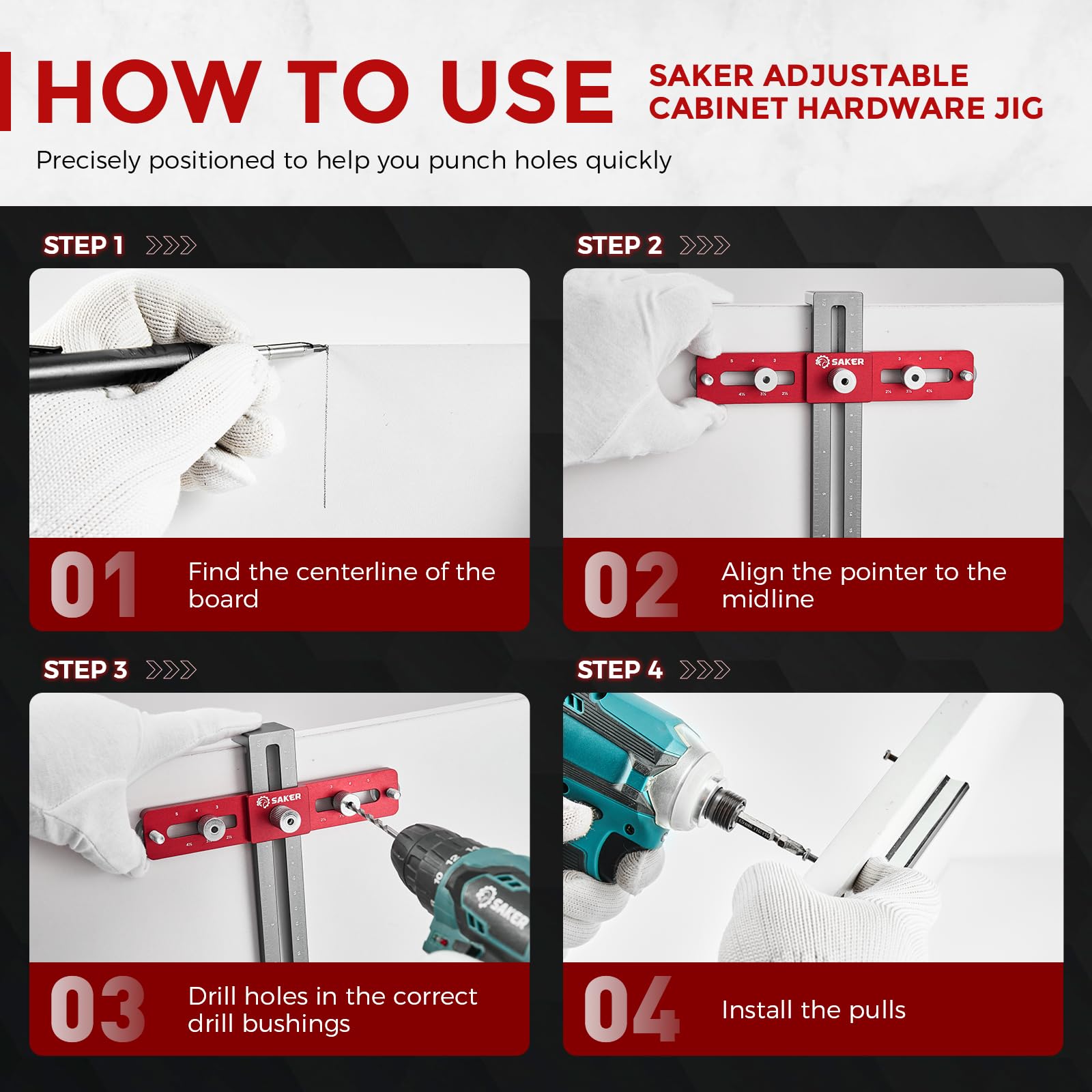 Saker Cabinet Hardware Doweling Jig,Adjustable Cabinet Template Tool for Knobs,Handles and Pulls,Self Centering Punch Locator Precise Woodworking Drill Guide for Drawer Cabinet Installation