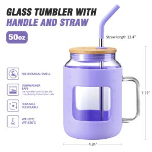 WINSA 50 oz Glass Water Bottles with Silicone Sleeve,Glass Tumbler with Lid and Straw,Iced Coffee Cup with Handle,BPA Free-Purple