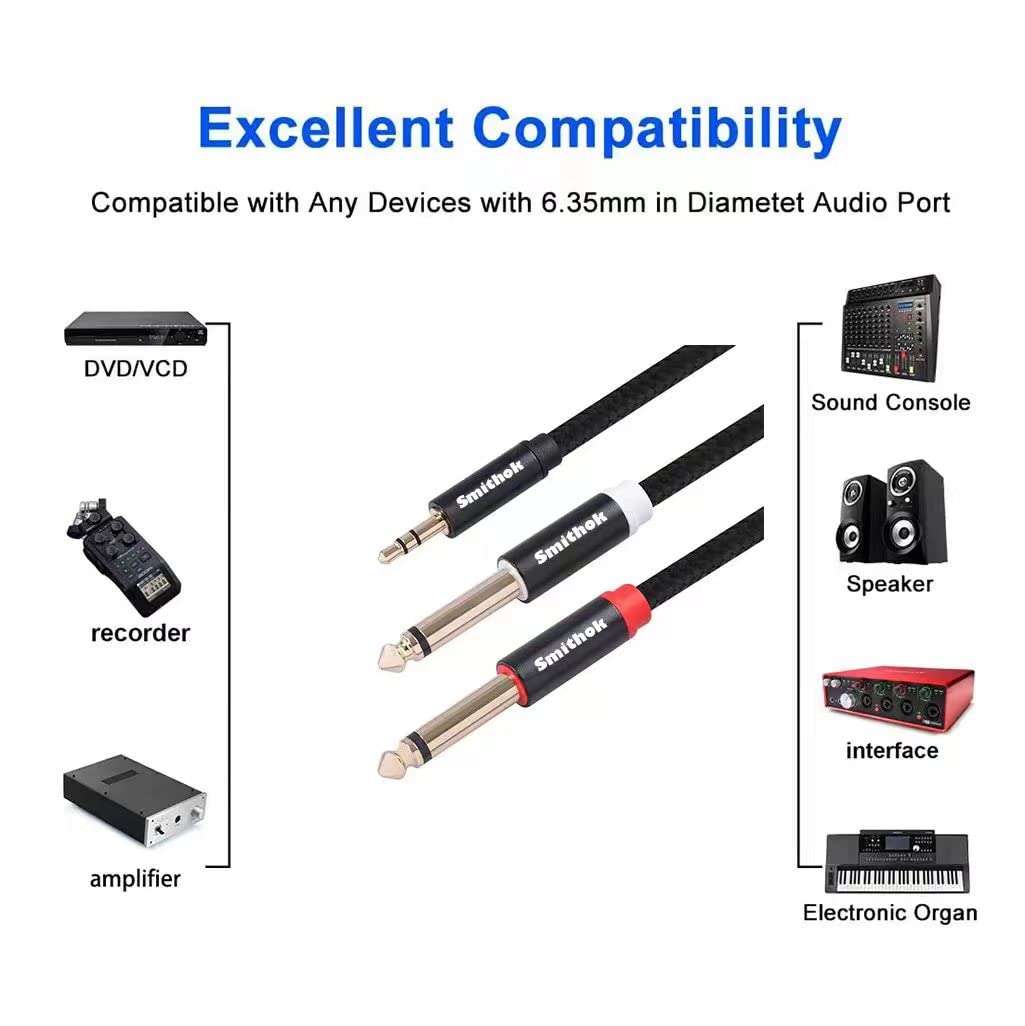 Smithok 2pack 6.6Ft 3.5mm TRS to Dual 6.35mm Stereo Cable 1/8 TRS to Dual 6.35mm 1/4 TS Mono Y Splitter Audio Cord Adapter for Smartphone, Mixer,PC, CD Player, Speakers and Home Stereo System