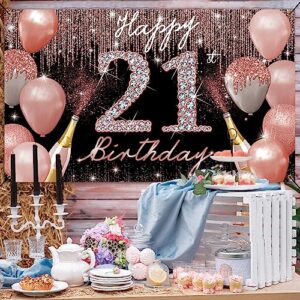 Happy 21st Birthday Backdrop Banner, 21st Birthday Decoration for Her Rose Gold, 21 Year Old Birthday Party Yard Sign Photo Booth Props Background Poster, 21 Bday Decor, Fabric, PHXEY