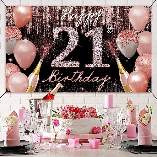 Happy 21st Birthday Backdrop Banner, 21st Birthday Decoration for Her Rose Gold, 21 Year Old Birthday Party Yard Sign Photo Booth Props Background Poster, 21 Bday Decor, Fabric, PHXEY