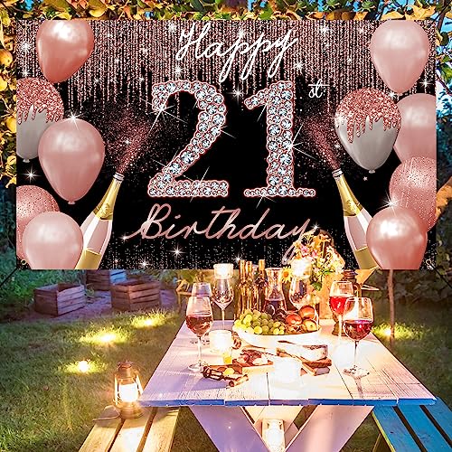 Happy 21st Birthday Backdrop Banner, 21st Birthday Decoration for Her Rose Gold, 21 Year Old Birthday Party Yard Sign Photo Booth Props Background Poster, 21 Bday Decor, Fabric, PHXEY