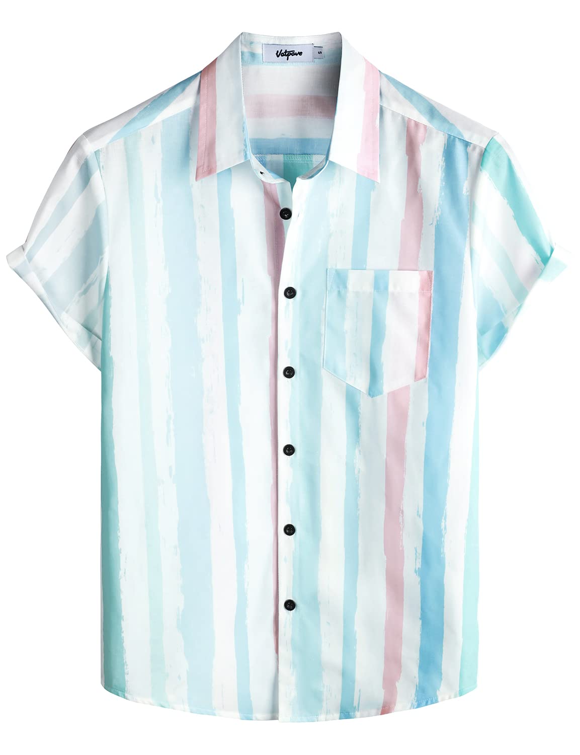 VATPAVE Mens Striped Summer Shirts Casual Button Down Short Sleeve Beach Stylish Untucked Hawaiian Shirts Small Blue Pink