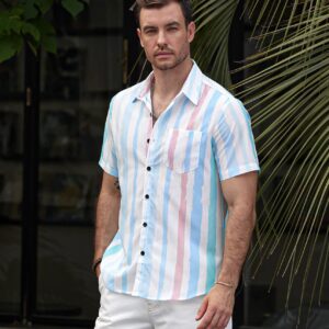 VATPAVE Mens Striped Summer Shirts Casual Button Down Short Sleeve Beach Stylish Untucked Hawaiian Shirts Small Blue Pink
