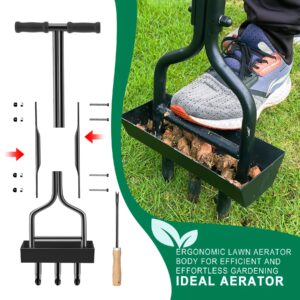 vanpein Lawn Aerator Coring Garden Tool with Soil Core Storage Tray, Manual Yard Plug Aerators & Clean Tool, Grass Aeration Gardening Tools with 3 Tines for Lawn Care, Compacted Soil, 37.6”