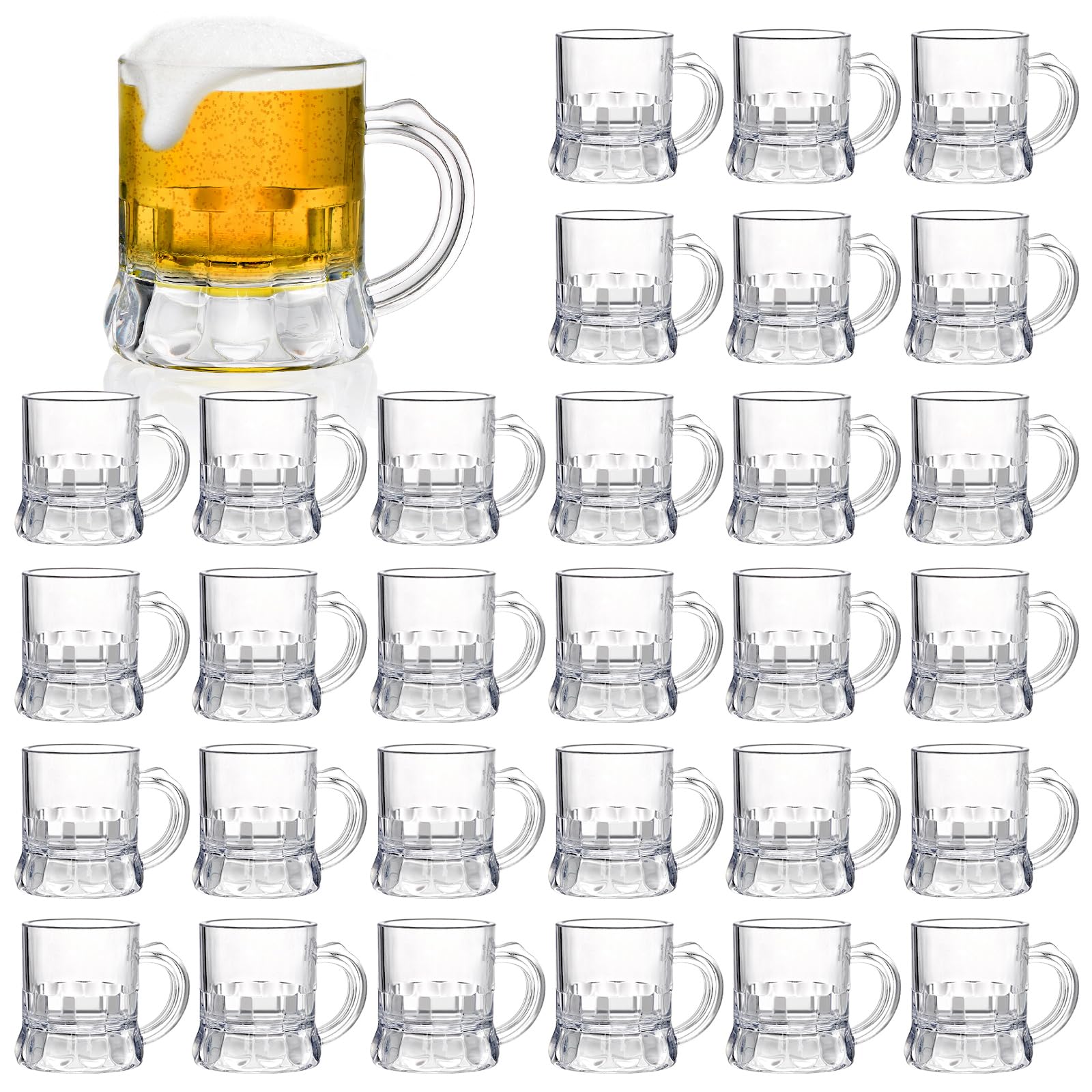 Fasmov 30 Pack Mini Plastic Beer Mugs,1 oz Beer Mug Shot Glasses with Handles, Reusable Clear Beer Stein Beer Tasting Glasses for Beer Festival Party Barbecue Wedding Supplies