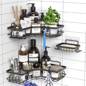 balabuki corner shower caddy organizer - stainless steel adhesive shower shelves with soap dish and hooks, 3 pack, black