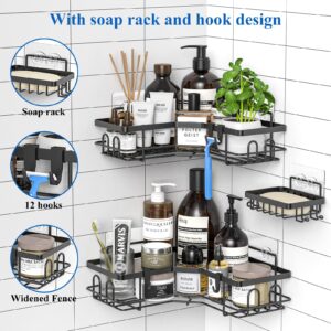 balabuki Corner Shower Caddy Organizer - Stainless Steel Adhesive Shower Shelves with Soap Dish and Hooks, 3 Pack, Black