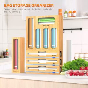 9 IN 1 Storage Bag Organizer for Kitchen Drawer, Bamboo Foil and Plastic Wrap with Cutter, Kitchen Organizers and Storage, Compatible with Gallon, Quart, Sandwich and Snack Variety Size Bag