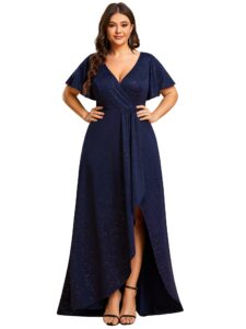ever-pretty plus women's plus size glitter a-line ruffle high-low summer cocktail dress with sleeves navy blue us16