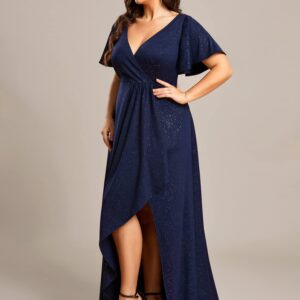Ever-Pretty Plus Women's Plus Size Glitter A-Line Ruffle High-Low Summer Cocktail Dress with Sleeves Navy Blue US16