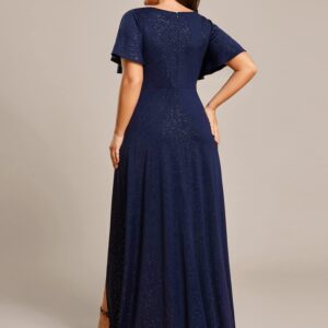 Ever-Pretty Plus Women's Plus Size Glitter A-Line Ruffle High-Low Summer Cocktail Dress with Sleeves Navy Blue US16
