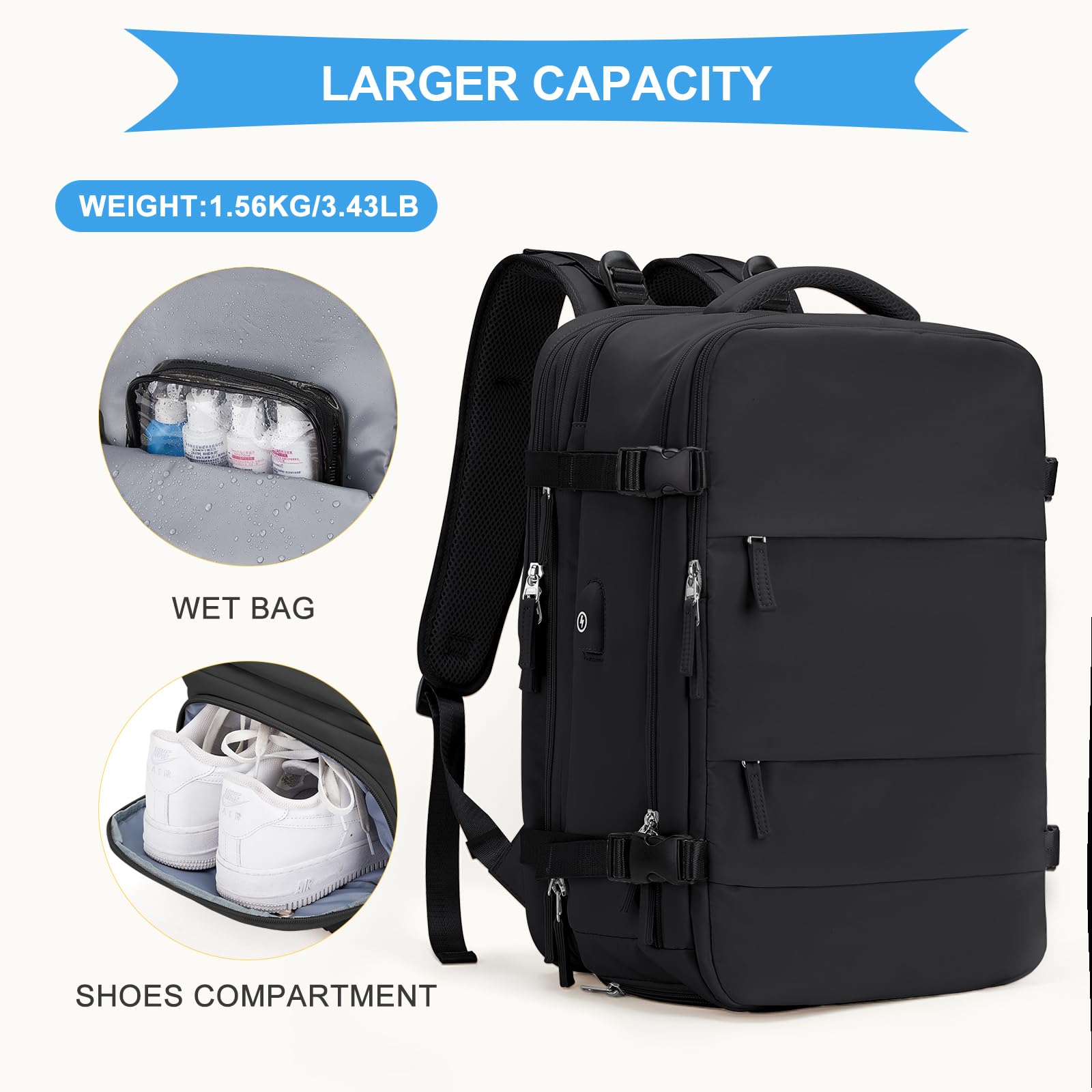 Large Travel Backpack for Women Men, Carry On Backpack,Hiking Backpack Waterproof Outdoor Sports Rucksack Casual Daypack Fit 15.6 Inch Laptop with USB Charging Port Shoes Compartment(Black Expansion)