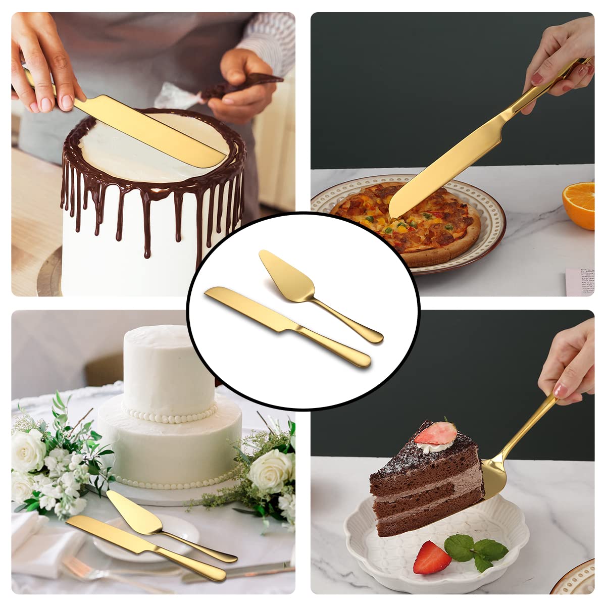 Kyraton Gold Wedding Cake Knife and Server Set, Gold Titanium Plating Stainless Steel Cake Cutting Set For Wedding Include Cake Cutter And Cake Server Perfect For Wedding, Birthday