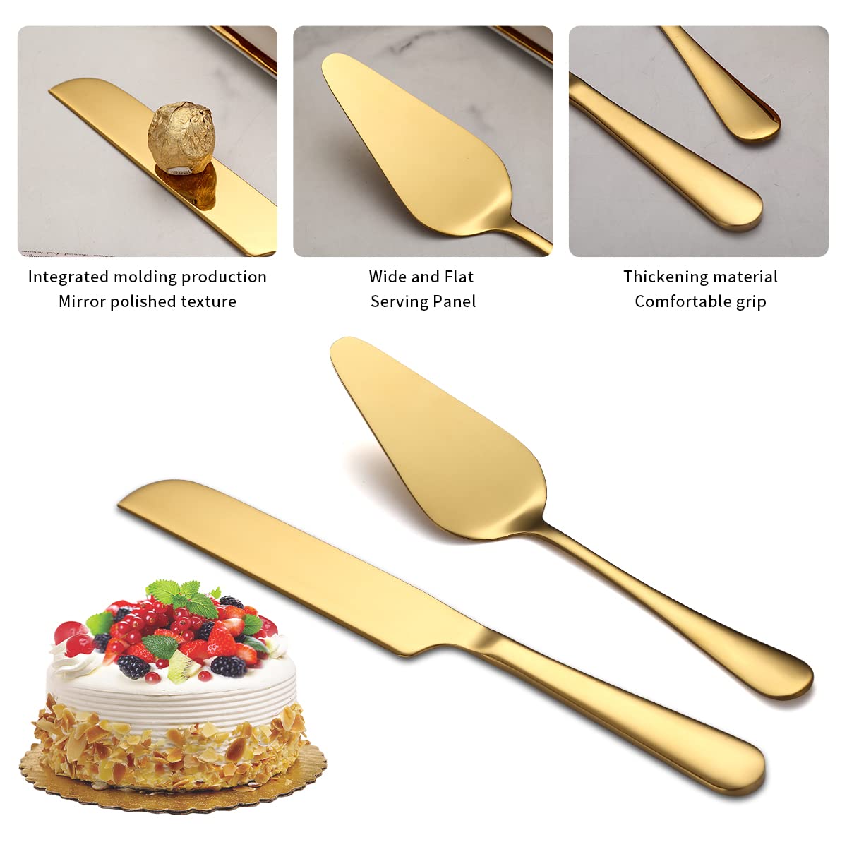 Kyraton Gold Wedding Cake Knife and Server Set, Gold Titanium Plating Stainless Steel Cake Cutting Set For Wedding Include Cake Cutter And Cake Server Perfect For Wedding, Birthday