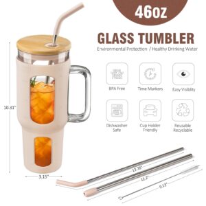 WINSA Glass Tumbler with Lid and Straw, 46 oz Iced Coffee Cup with Handle, Glass Water Bottles with Silicone Sleeve, Glass Cup with Straws - Boba Straw & Drinking Straw BPA Free-Amber