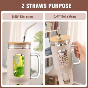 WINSA Glass Tumbler with Lid and Straw, 46 oz Iced Coffee Cup with Handle, Glass Water Bottles with Silicone Sleeve, Glass Cup with Straws - Boba Straw & Drinking Straw BPA Free-Amber