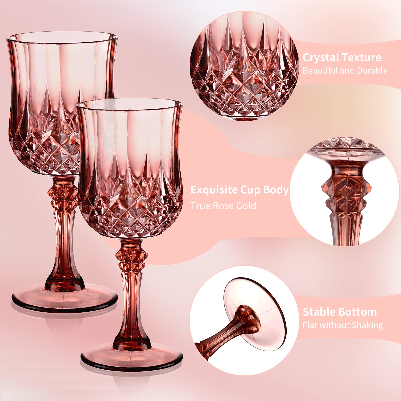 XUWAIDSGN 7oz Plastic Vintage Rose Gold Drinking Glasses Pink Wine Glasses Unbreakable Wedding Glassware Crystal Water Goblets Reusable Drinkware Vintage Champagne Flutes (16, Rose Gold)