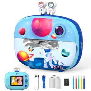ushining kids camera instant print, selfie digital camera for boys girls aged 3-12,1080p kids video camera with 2.4" screen, 32gb sd card,color pens,print papers and lanyard (blue)