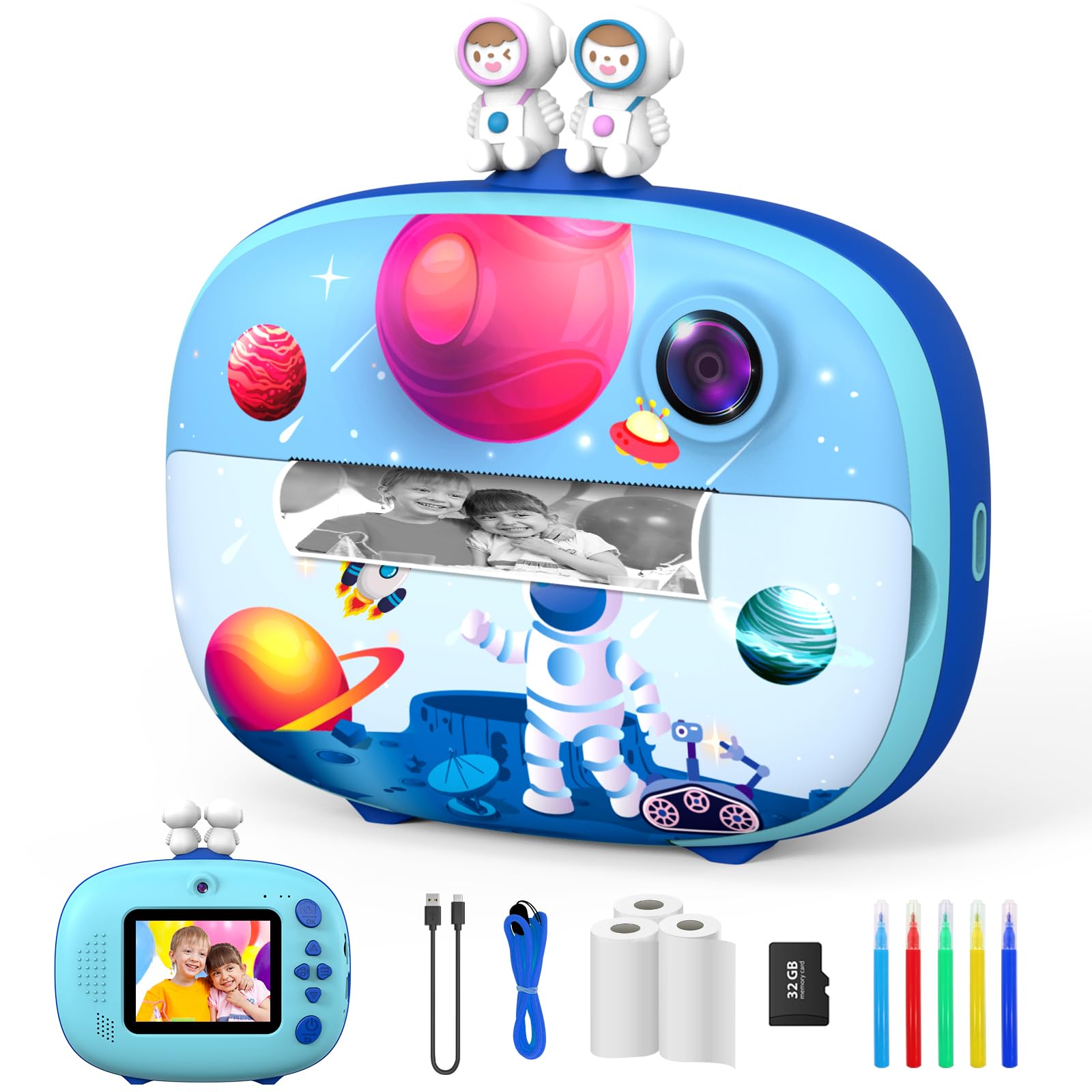 USHINING Kids Camera Instant Print, Selfie Digital Camera for Boys Girls Aged 3-12,1080P Kids Video Camera with 2.4" Screen, 32GB SD Card,Color Pens,Print Papers and Lanyard (Blue)