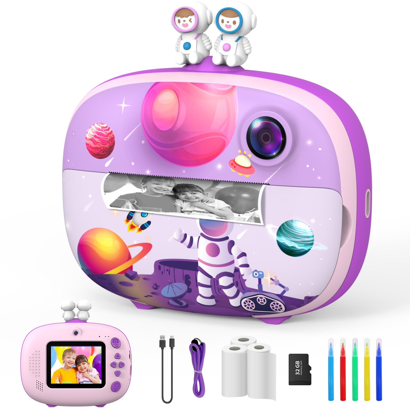 USHINING Kids Camera Instant Print, Selfie Digital Camera for Boys Girls Aged 3-12,1080P Kids Video Camera with 2.4" Screen, 32GB SD Card,Color Pens,Print Papers and Lanyard (Purple)