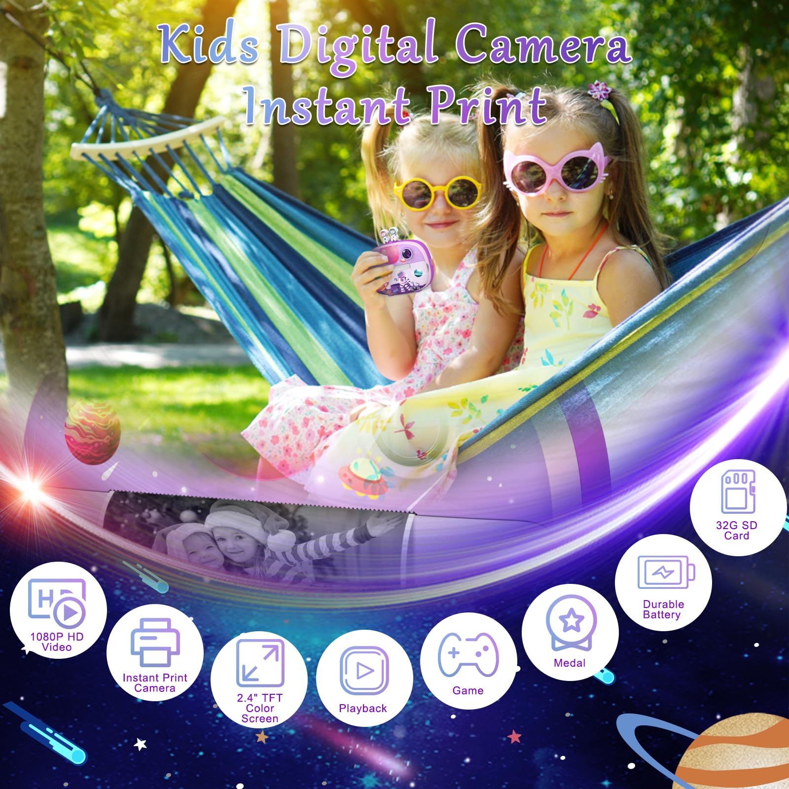 USHINING Kids Camera Instant Print, Selfie Digital Camera for Boys Girls Aged 3-12,1080P Kids Video Camera with 2.4" Screen, 32GB SD Card,Color Pens,Print Papers and Lanyard (Purple)