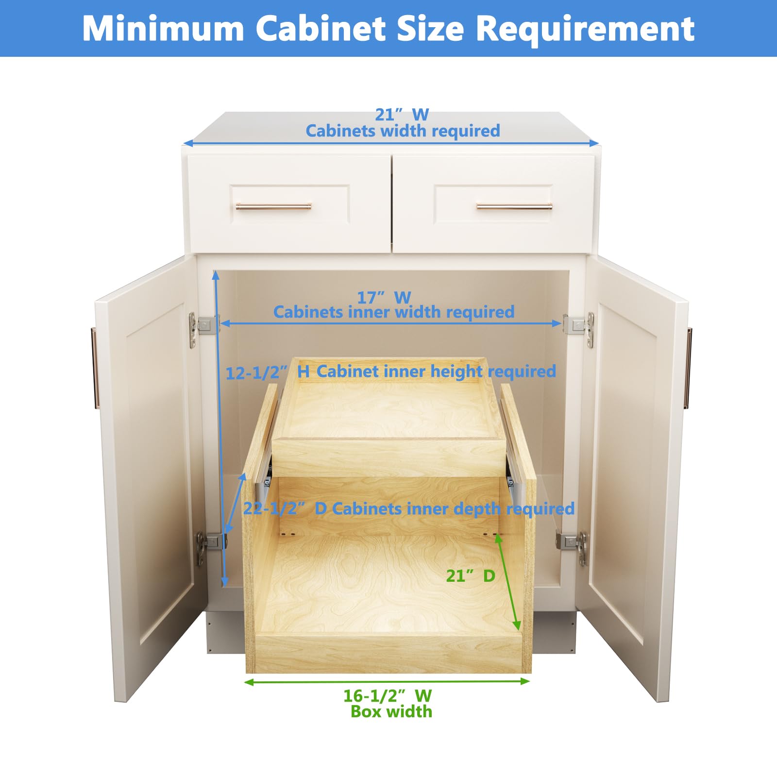 LOVMOR Retractable Double-Drawer Pull Out Cabinet Organizer 16½” W x 21” D Soft Close Cabinet Drawers Slide Out with Full Extension Rail Slides Cabinet Pull Out Shelves for kitchen Cabinets