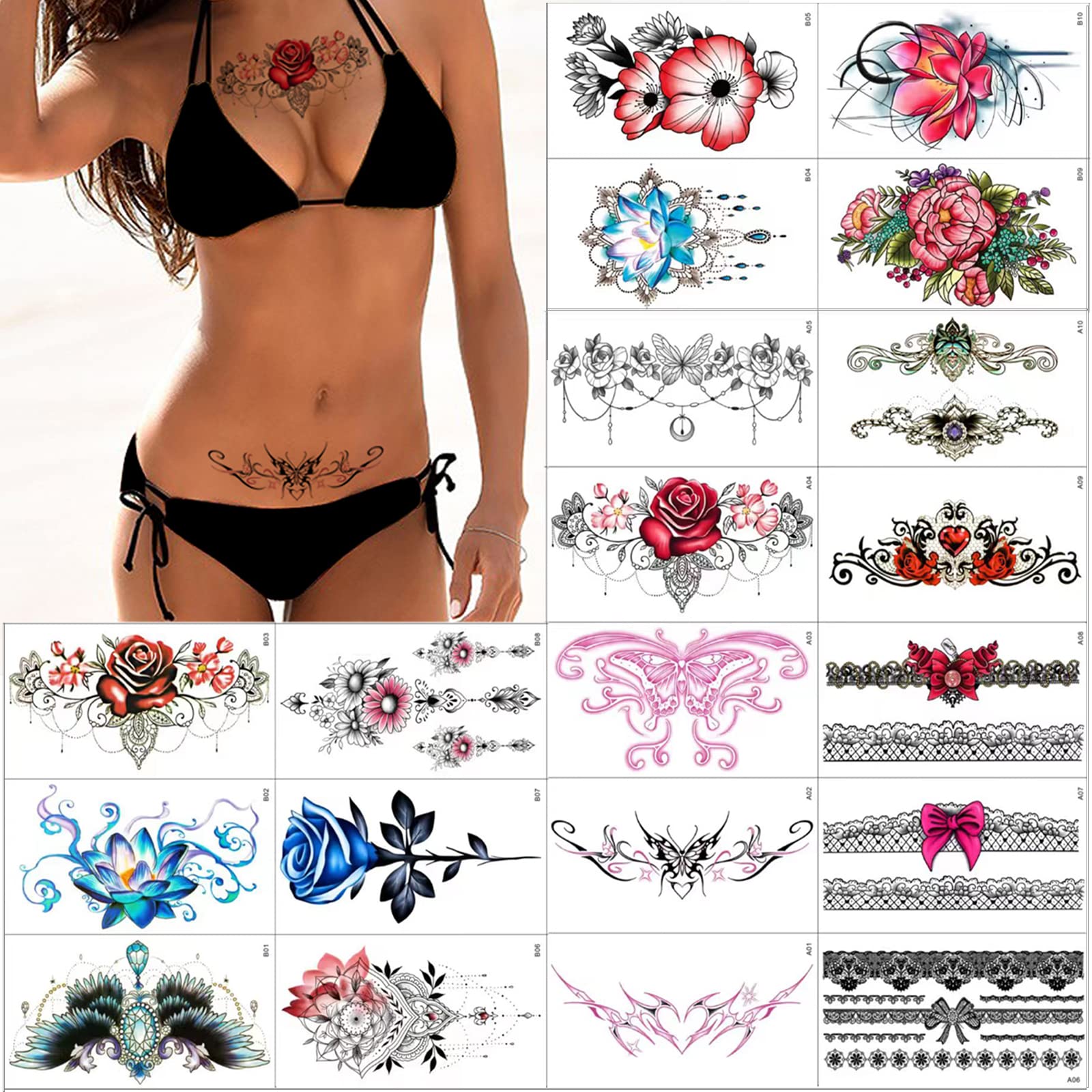 Maripabon Sexy Lace Temporary Tattoos 20 Sheets Large Flowers Butterfly Navel Tattoo Stickers Bust Stomach Butt Legs Arms Lower Back Fake Waterproof Tattoos for Women Girls