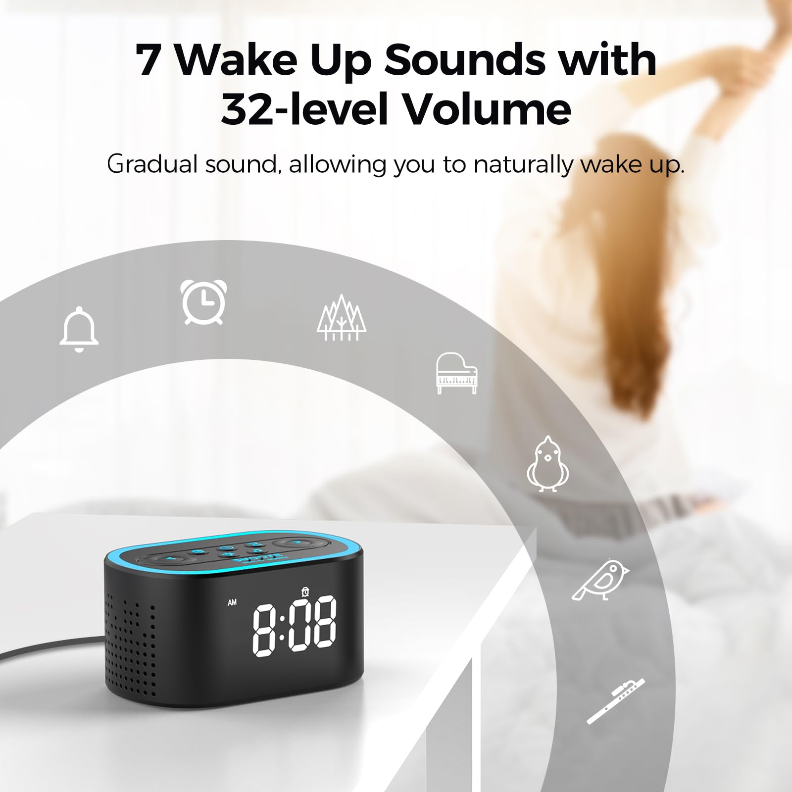 Reacher Digital Alarm Clock & White Noise Sound Machine, 21 Soothing Sounds, 7 Wake Up Sounds, 8 Night Lights, 32-Level Volume, 9 Sleep Timer, Memory Function for Adult, Kid, Bedside, Bedroom