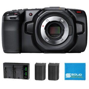 blackmagic design pocket cinema camera 6k g2 (cinecampochdef6k2) power bundle – includes two (2) additional np-f570 batteries, dual battery charger, and solidsignal microfiber cloth