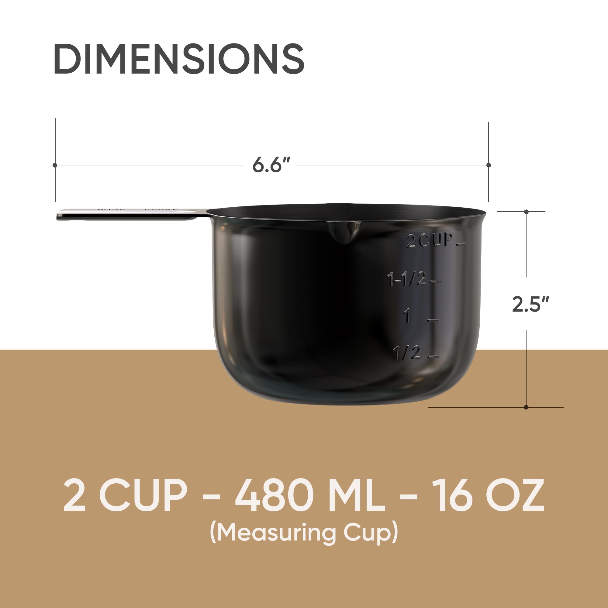 Color Up Premium 2 Cup Measuring Cup (480 ml) - Stainless Steel Black Finish, One-Piece Construction, Dishwasher Safe, Accurate for Wet & Dry Ingredients – One Single 2Cup