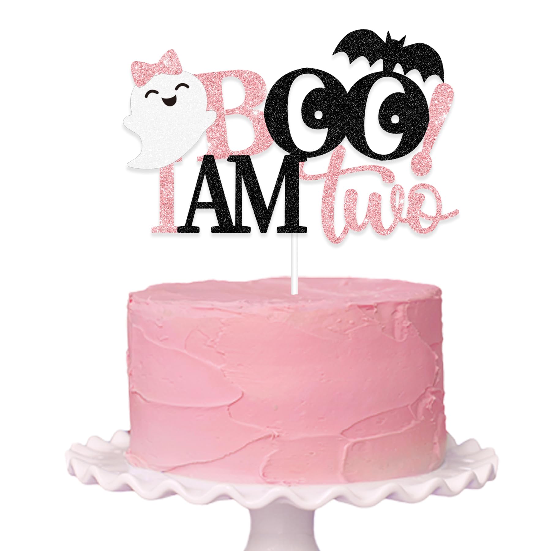 Boo I'm Two Cake Topper Pink Black Glitter- Girls Halloween 2nd Birthday Cake Topper, Ghost Decor, Pink Halloween 2nd Birthday Cake Decorations, Here for the Boos Decorations