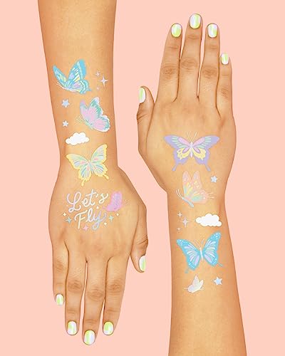 xo, Fetti Pastel Butterfly Temporary Tattoos - 70 Foil Styles | Rainbow Fairy Birthday Party Decorations, Monarchs, Heart Favors, Flowers, Garden Arts and Crafts, Baby Shower Decor