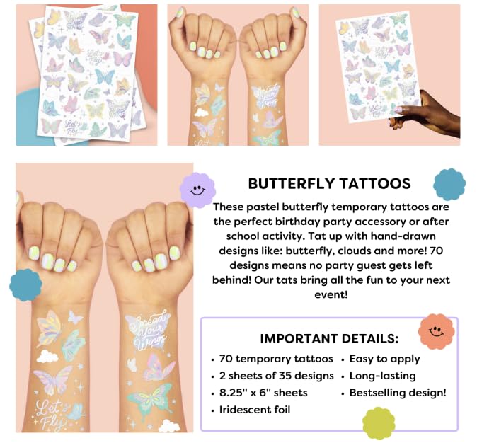 xo, Fetti Pastel Butterfly Temporary Tattoos - 70 Foil Styles | Rainbow Fairy Birthday Party Decorations, Monarchs, Heart Favors, Flowers, Garden Arts and Crafts, Baby Shower Decor