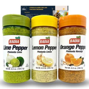 badia citrus pepper bundle - lemon pepper 6.5 oz, orange pepper 6.5 oz, lime pepper 6.5 oz - qbin recipe card - variety pack of 3